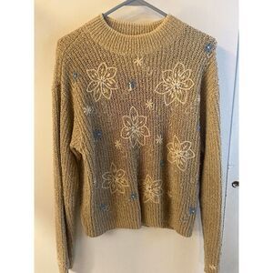 Lizwear Sweater Medium M Linen Blend Beige Natural Pink Flowers Vintage